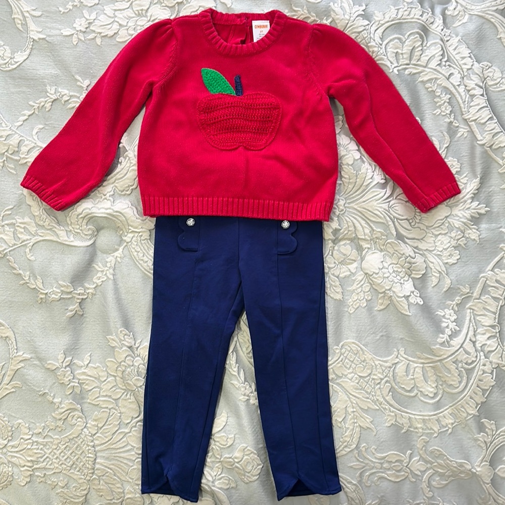 Puff Sleeved Sweater with Crocheted Apple and Navy Pleated Pants - 2T